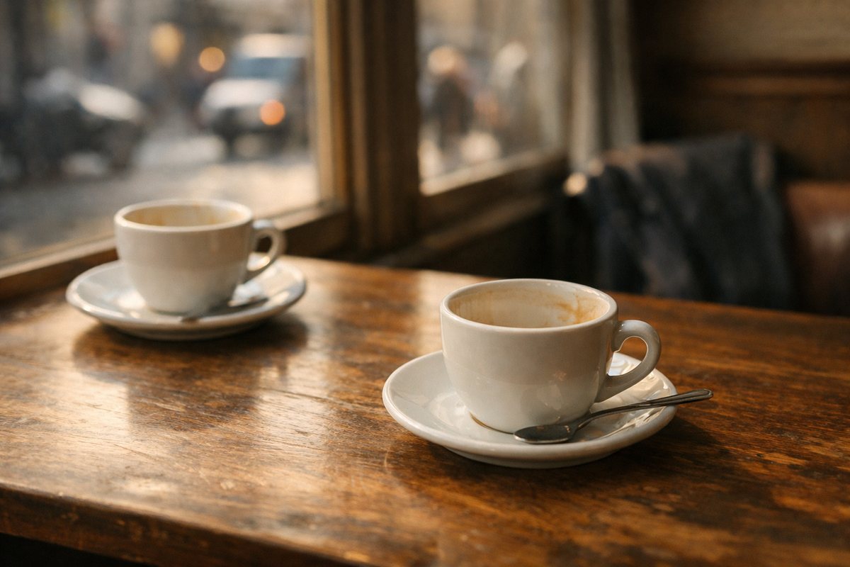 Ser Amigo do Ex: Quando Funciona e Quando Só Prolonga a Dor 1 Duas xícaras de café vazias em uma mesa de cafeteria, uma levemente afastada da outra, simbolizando o fim e a distância entre ex-parceiros