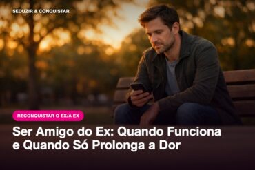 Homem sentado em um banco de parque ao entardecer olhando o celular, pensando se vale a pena ser amigo do ex