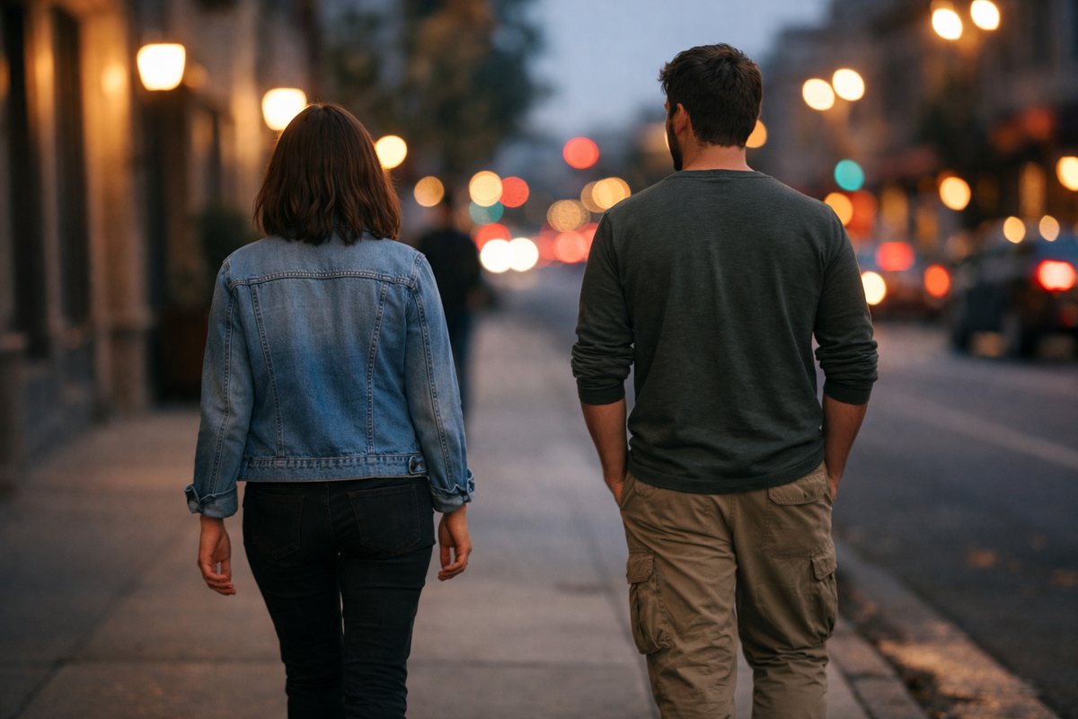 Ser Amigo do Ex: Quando Funciona e Quando Só Prolonga a Dor 2 Mulher e homem caminhando lado a lado em uma rua ao entardecer, com distância confortável entre eles, representando limites saudáveis na amizade com o ex