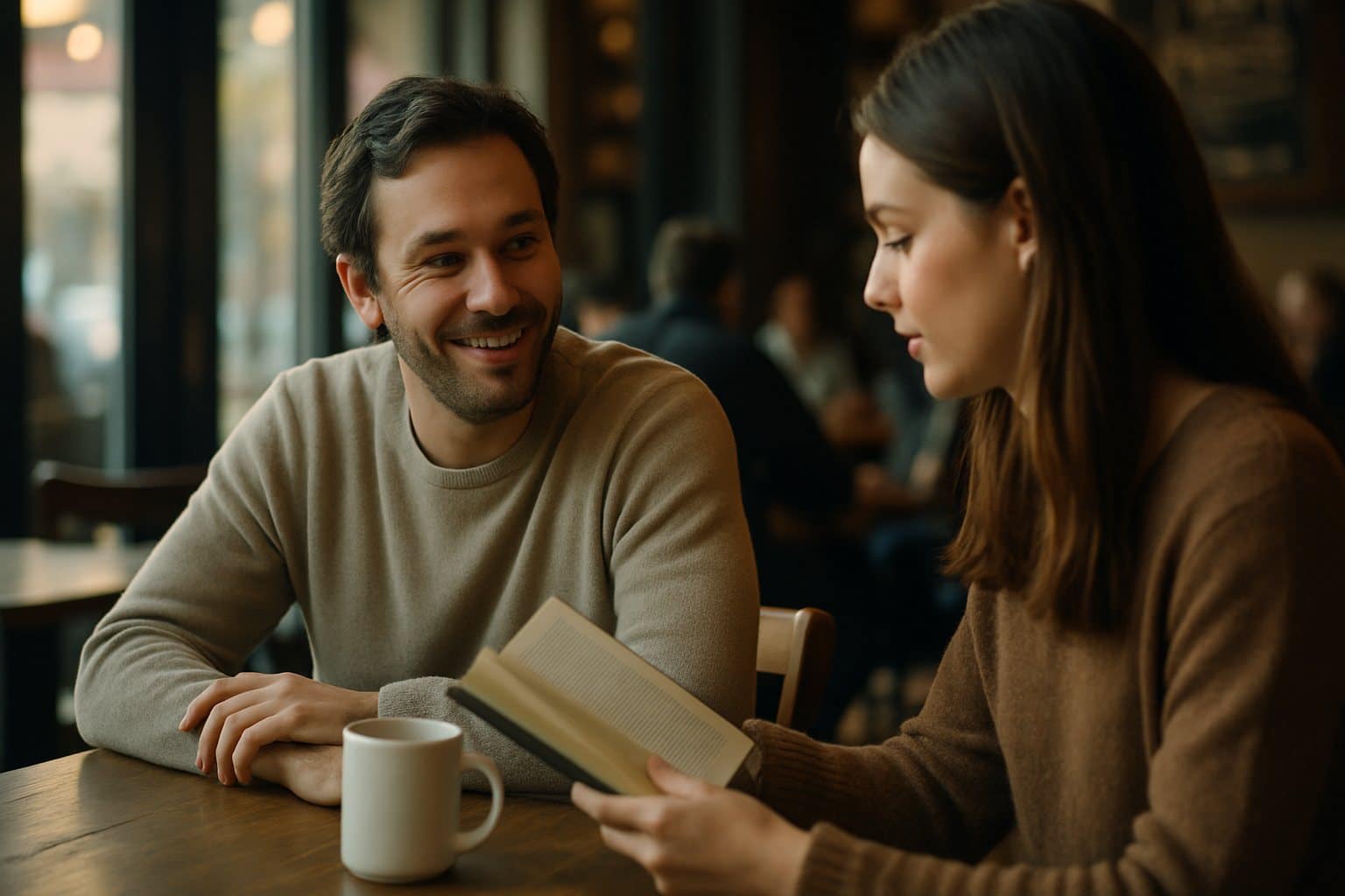 Homem sorrindo de forma relaxada para uma mulher que lê num café, prestes a iniciar uma conversa