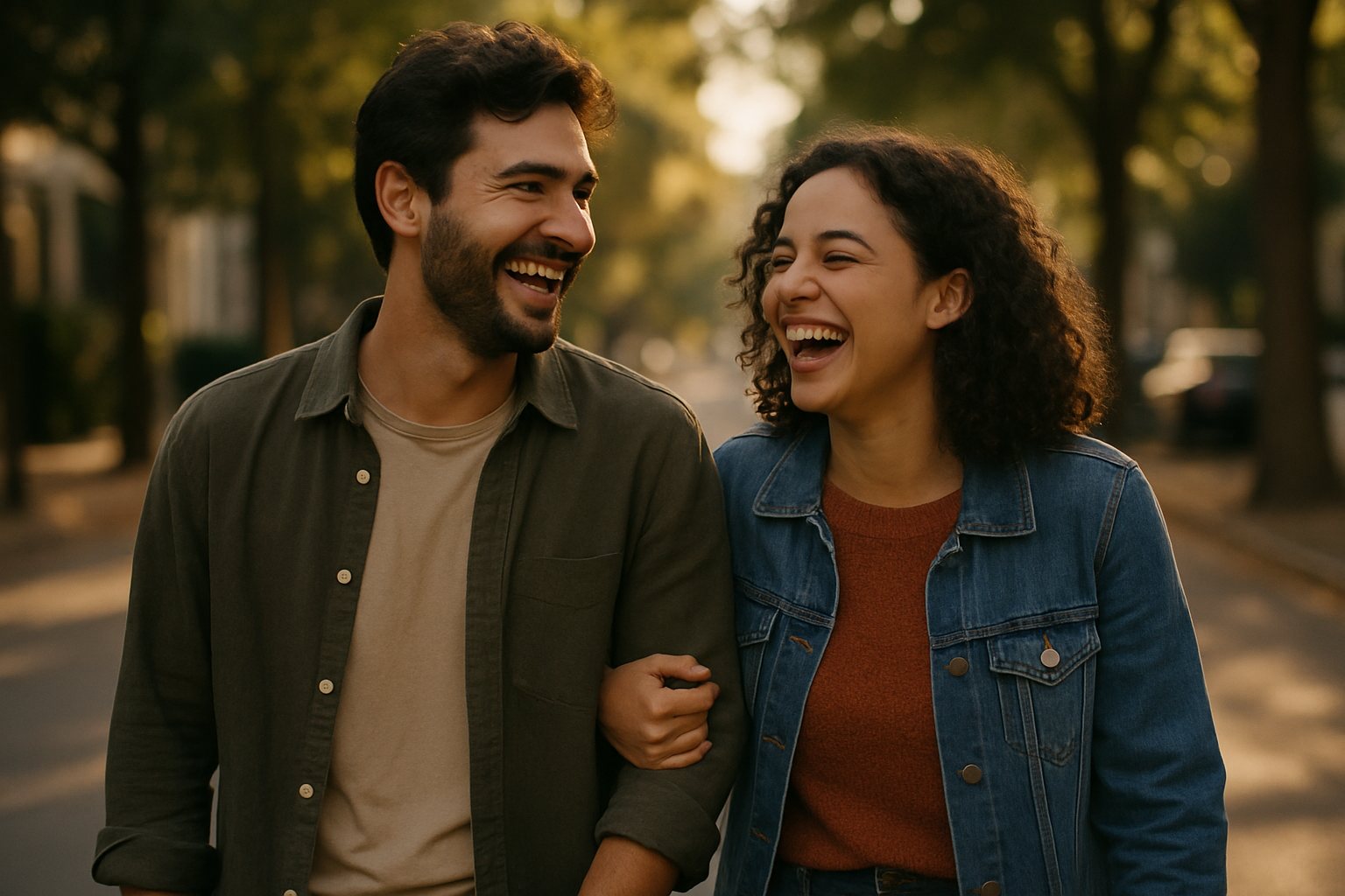Medo de Rejeição: 7 Formas de Lidar com um Não Sem Se Paralisar 2 Casal caminhando e rindo juntos numa rua arborizada, depois de um convite aceito