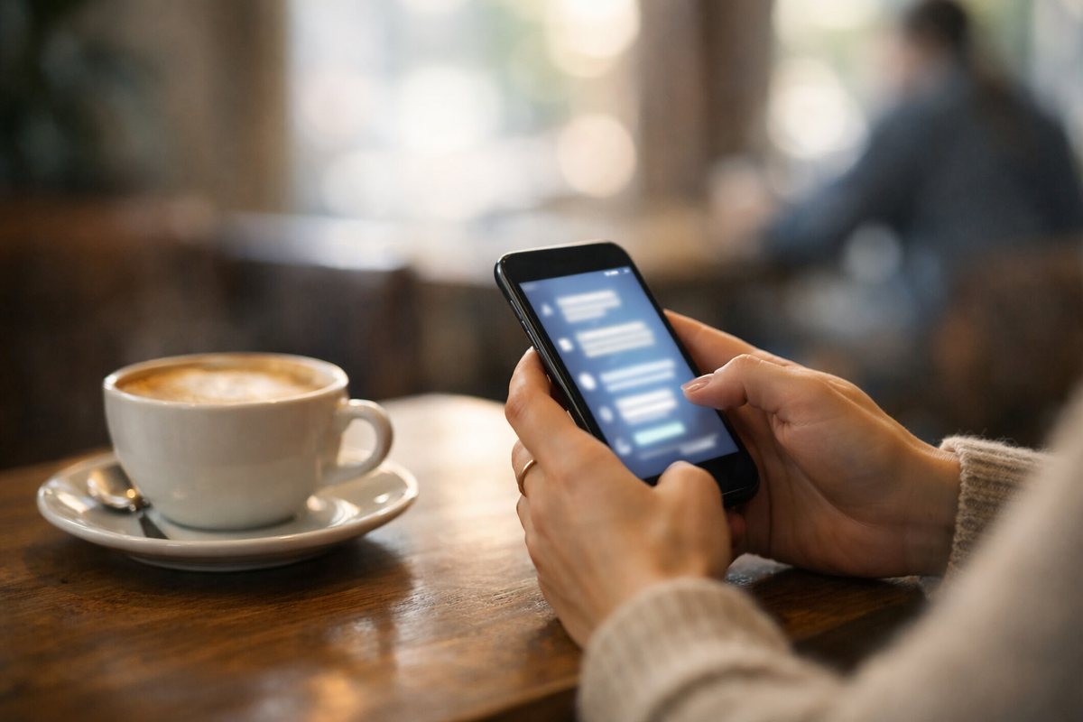 Como Chamar um Homem Para Sair: 7 Formas Sem Pressão 1 Mulher segurando o celular ao lado de uma xícara de café, preparando uma mensagem de convite leve
