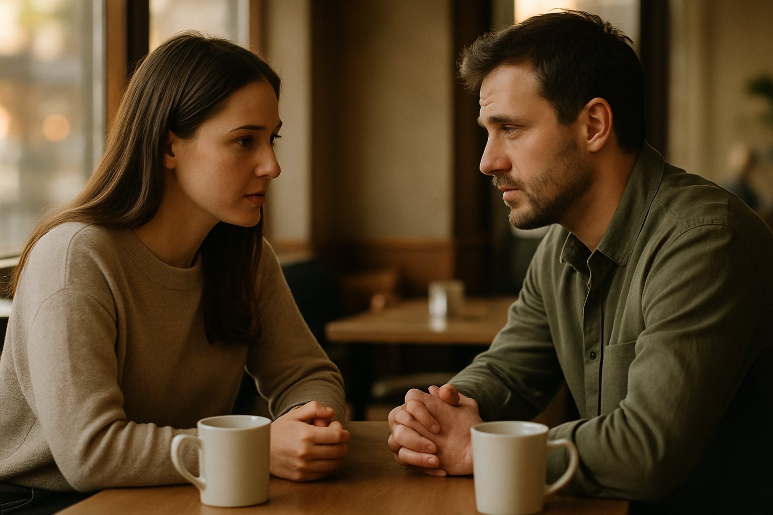 Casal conversando com seriedade e respeito em um café, tentando entender se vale reatar