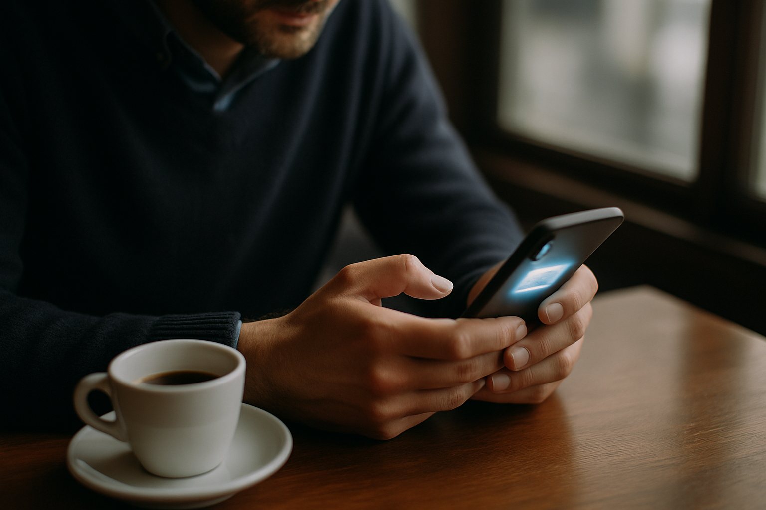 Homem segurando o celular numa mesa de café, esperando mensagem do ex