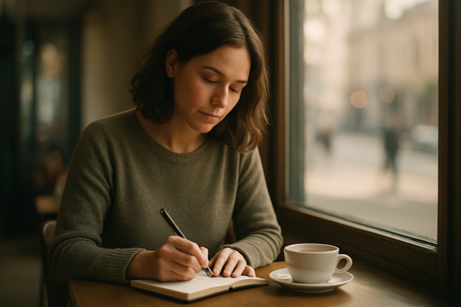 Medo de Rejeição: 7 Formas de Lidar com um Não Sem Se Paralisar 1 Mulher anotando pensamentos num caderno em um café, refletindo sobre o medo de rejeição