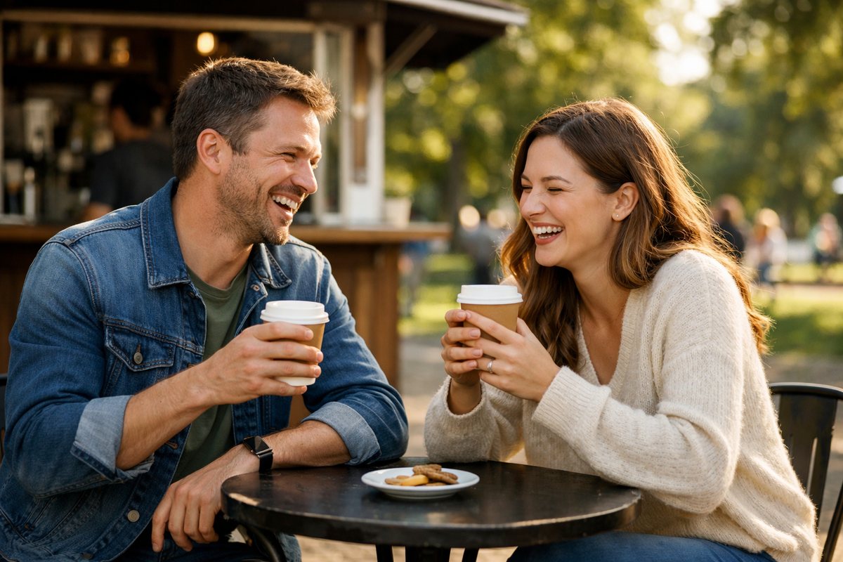 Como Chamar um Homem Para Sair: 7 Formas Sem Pressão 2 Casal conversando e rindo em uma mesa de café ao ar livre durante o primeiro encontro
